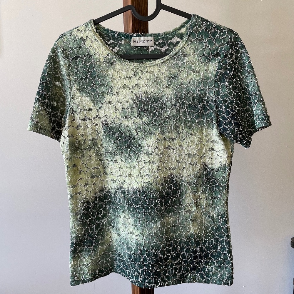 Ninety women’s dressed  T-shirt size Small green yellow, sheer, made in USA